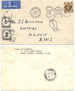 St Lucia 1947 Incoming Env ex Great Britain Bearing 1/- Short-Paid & 6d Postage Dues on Arrival; Rare