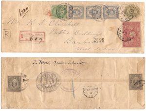 Japan 1895 Tokio REG > Barbados Bearing Great Franking uprating 28s adhesives Sc 72, 74(3), 75(2), & 85 on 2s PSE; EXTRAORDINARY & RARE Destination