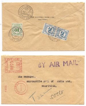 Mauritius 1953 Incoming Env ex Ceylon Airmail > "Mauritius" Charged 50