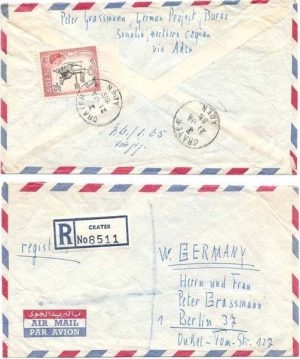 British Somaliland 1964 Burao Env REG Airmail Mailed via Crater Aden Bearing Aden 2/- QEII Adhesive > Germany; VERY SCARCE