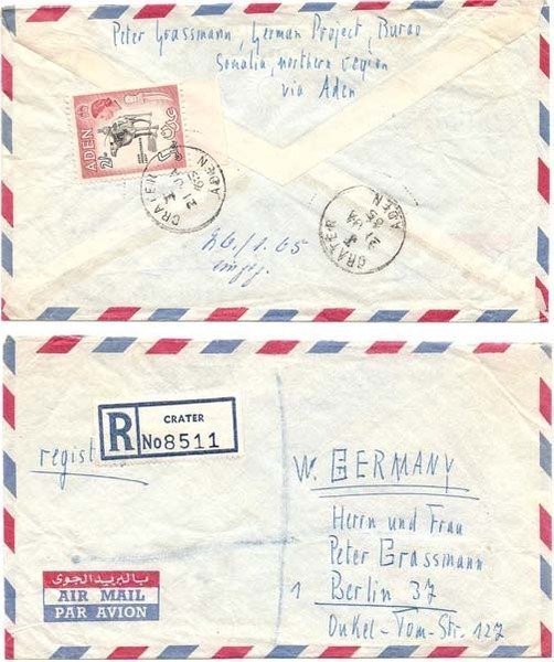 British Somaliland 1964 Burao Env REG Airmail Mailed via Crater Aden Bearing Aden 2/- QEII Adhesive > Germany; VERY SCARCE