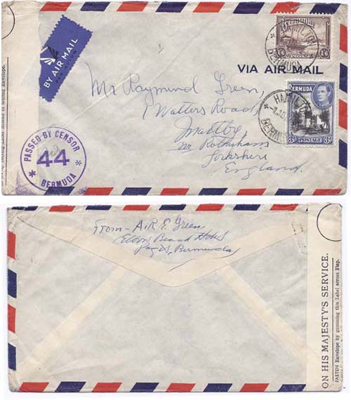 Bermuda 1942 Hamilton Env Airmail Censored > England Bearing 1/-9d Franking RARE CM21 "44" Censor Hand-stamp; RARE