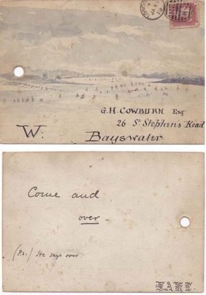 Great Britain 1879 London Color Hand-Painted Watercolor Illustrated Tag > W. Bayswater Bearing 1d SG33 Adhesive Tied by Oval Grid Numeral cancel #S.W. 28; FINE - VERY FINE
