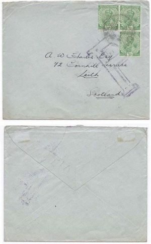 Aden 1916 India Used @ Aden Env Censored w/ Large "P" > Scotland Bearing Three