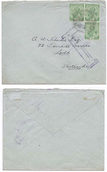 Aden 1916 India Used @ Aden Env Censored w/ Large "P" > Scotland Bearing Three