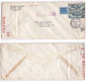 Bermuda 1940. United States Env Airmail > Switzerland Censored @ Bermuda PC102 Tape #107 Bearing 30