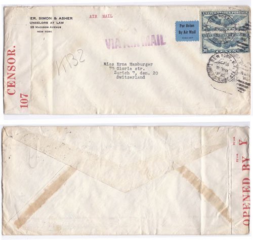 Bermuda 1940. United States Env Airmail > Switzerland Censored @ Bermuda PC102 Tape #107 Bearing 30