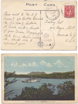 St Lucia 1944 Castries PPC Censored > US Bearing 1