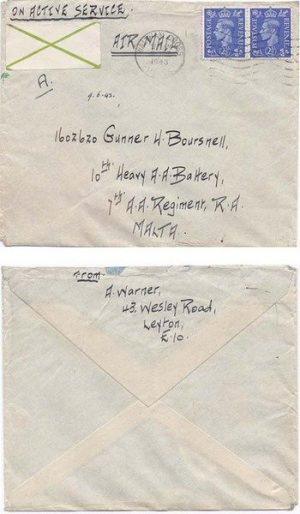 Malta 1943 Incoming Env ex England w/ Pair 2