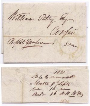 Malta 1820 Malta Folded Entire > Corfu via Schooner "Orofeus"; FINE & SCARCE