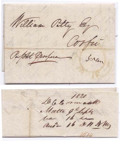 Malta 1820 Malta Folded Entire > Corfu via Schooner "Orofeus"; FINE & SCARCE