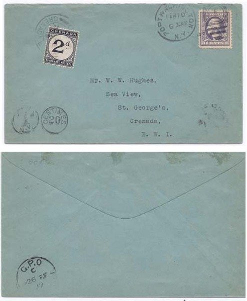 Grenada 1919 Incoming Env ex US > St Geroge's Bearing 3
