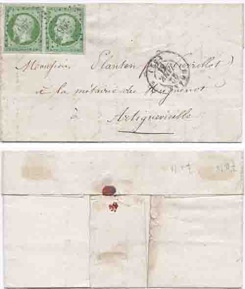 FRANCE 1861 (22 January) Bazas Entire w/ Local Delivery Bearing 5c Pair (Yvert 12) w/ Complete to Large Margins, Very Fine "296" Petit Chiffres Cancels; Rare Franking and VERY FINE