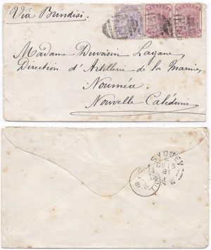 Great Britain 1881 Greennill Env > Noumea, New Caledonia via Sydney ( 13 Dec 81)Bearing Pair 2d  & Single 1d Lilac SG168a, 171 Tied by Numeral "E51"; VERY RARE DESTINATION & FINE