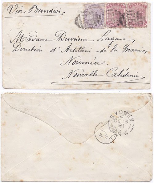 Great Britain 1881 Greennill Env > Noumea, New Caledonia via Sydney ( 13 Dec 81)Bearing Pair 2d & Single 1d Lilac SG168a, 171 Tied by Numeral "E51"; VERY RARE DESTINATION & FINE