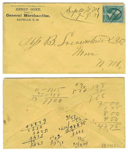 United States 1881 Sapello New Mexico (San Miguel County) Corner Env > Mora NM Bearing 3
