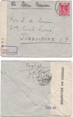 Burma 1945 Unknown Origin Env Censored > India Bearing 2as KGVI "MILY ADMIN" Ovpt; Very Scarce Censor Tape & Censor Hand-stamp; FINE & SCARCE