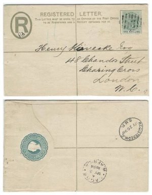 Lagos [Nigeria] 1898 Lagos 2d REG PSE H&G C1 > London Bearing 1/- Blue-Green Adhesive Tied w/ Barred Oval Obliterator SG 38a; VERY FINE & SCARCE