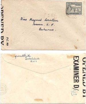 Turks & Caicos 1944 Grand Turk Censored w/ Censor Label Type EL2 > Bahamas Bearing 2