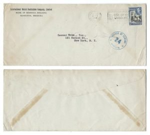 Bermuda 1944 Hamilton Corner Env Surface Censored > New York Bearing Single 3d KGVI  Adhesive; Censor Hand-stamp CM21 "24" VERY RARE & VERY FINE
