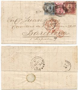 Great Britain Used Abroad 1870 Guayaquil Ecuador > Barcelona Bearing 2/-, 3d, 1d Tied by C41 Cancels RARE