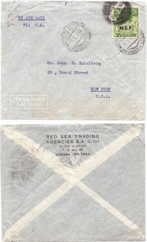 BOFIC 1947 Asmara Eritrea Airmail > US Bearing 2Sh6d KGVI Tied by "Dumb" Circular Date-stamp; SCARCE