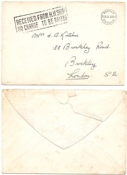 Falkland Islands ca 1914/15 ex HMS Kent Stampless Env > England w/ "RECEIVED FROM H.M.SHIP/NO CHARGE TO BE RAISED"; & Ship's Censor Handstamp in Black; RARE
