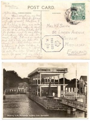 Barbados 1942 GPO PPC Censored > England Bearing 1d Adhesive Miller Censor Hand-stamp H8Aa Rarity "6"; Scarce