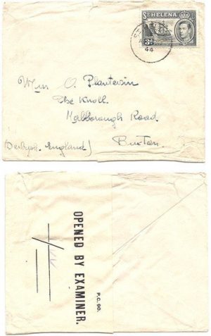 St Helena 1944 St Helena Env Censored Surface > England Bearing 3d KGVI Adhesive w/ Rare Censor Tape Rarity 10 of 10 w/ Few Known
