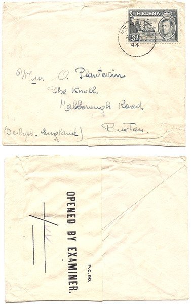 St Helena 1944 St Helena Env Censored Surface > England Bearing 3d KGVI Adhesive w/ Rare Censor Tape Rarity 10 of 10 w/ Few Known
