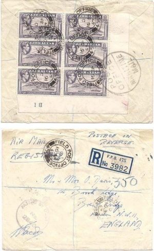 Gibraltar 1943 FPO 475 Env REG Censored > England Bearing 1