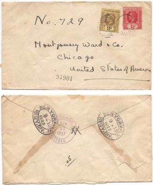 Leeward Islands 1927 Nevis Env REG > US Bearing 3d, 1