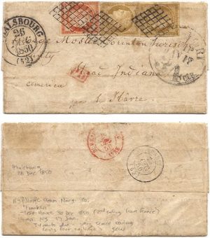 France 1850 Phalsbourg Folded Ltr > US w/ 10c bister (2) Yv 1 & 40c orange Yv 5 tied by diamond grid handstamps with matching origin cds at left, "New York, 34 cts, Jan 17";  Fine - Very Fine; Rare First Issue Cover