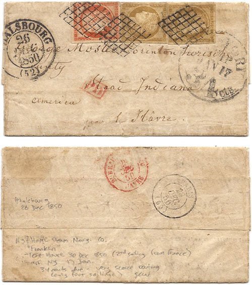 France 1850 Phalsbourg Folded Ltr > US w/ 10c bister (2) Yv 1 & 40c orange Yv 5 tied by diamond grid handstamps with matching origin cds at left, "New York, 34 cts, Jan 17"; Fine - Very Fine; Rare First Issue Cover