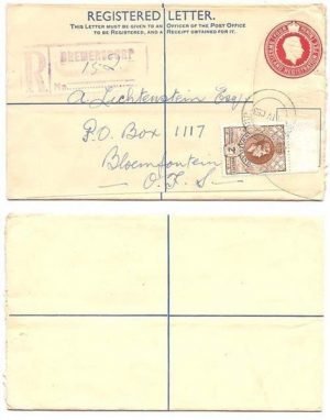 Swaziland 1953 Bremersdorp 4d REG PSE H&G C5 > South Africa Bearing 2d KGVI Adhesive; SCARCE