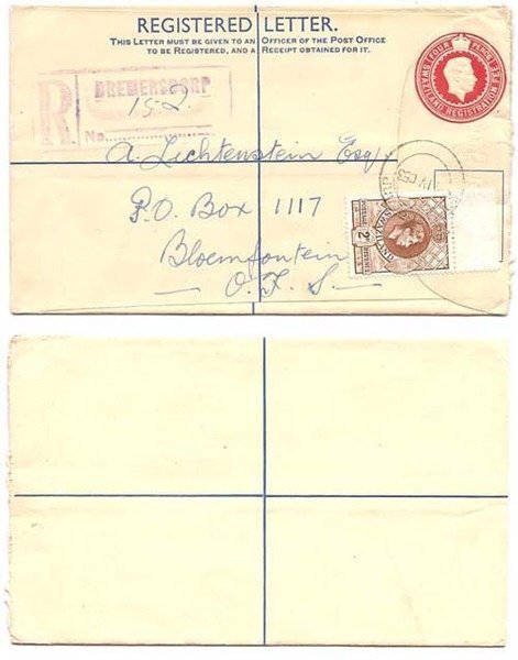 Swaziland 1953 Bremersdorp 4d REG PSE H&G C5 > South Africa Bearing 2d KGVI Adhesive; SCARCE