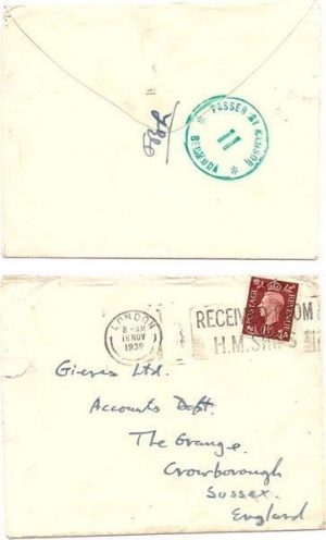 Bermuda 1939 (15 Nov) Env from Unidentified H.M. Ship at Bermuda Bearing 1