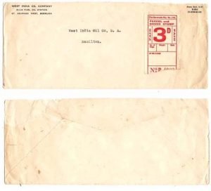Bermuda ca1946 St Georges West Env Internal > Hamilton Bearing 3d Railway Parcel Stamp