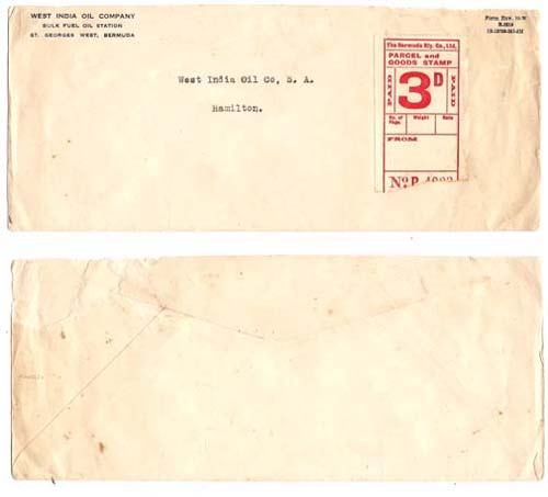 Bermuda ca1946 St Georges West Env Internal > Hamilton Bearing 3d Railway Parcel Stamp