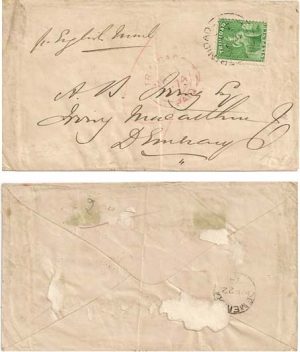 Trinidad 1874 GPO Env > Demerara British Guiana Bearing 6d Emerald-Green SG 74 w/ TRINIDAD PAID date-stamp