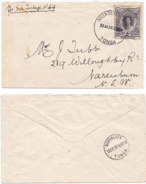 Tonga 1939 Niuatobutabu Env > Australia via SS "Tulagi" Bearing 2d Adhesive SG 57e Tied w/ Large CDS; VERY SCARCE