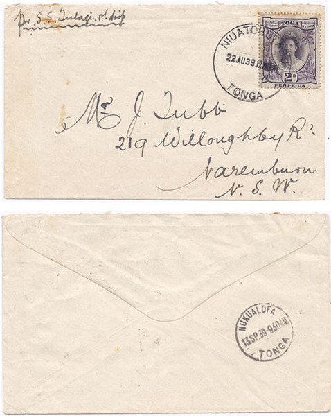 Tonga 1939 Niuatobutabu Env > Australia via SS "Tulagi" Bearing 2d Adhesive SG 57e Tied w/ Large CDS; VERY SCARCE