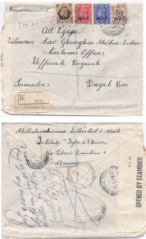 BOFIC 1944 Asmara [Eritrea] Env REG Airmail Censored > Dagah Bur Somalia Bearing 1/-8