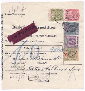 Mauritius 1923 Port Louis Insured Registration Receipt for Item > Switzerland & Bearing 3.41 Rupees Adhesives & Accompanying Red "INSURED" Label; RARE & VERY FINE