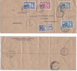 Tristan da Cunha 1952 GPO Env REG  > Salisbury Southern Rhodesia Bearing 2/6d- High franking Plus 6d, 4d & 3d KGVI Adhesives SG10, 7, 6, & 5; VERY SCARCE & FINE
