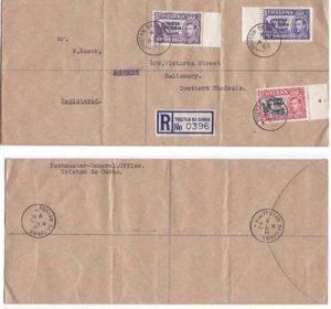 Tristan da Cunha 1952 GPO Env REG > Salisbury Southern Rhodesia Bearing 10/- High franking & 2d,