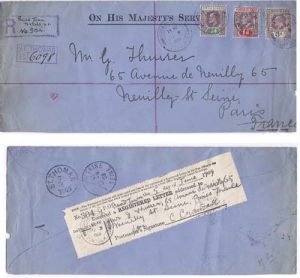 Virgin Islands 1909 Roadtown OHMS Env REG > Paris via St Thomas Bearing 3d, 1d