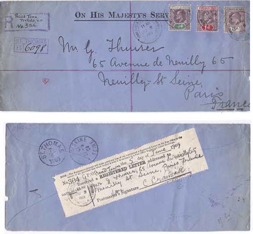 Virgin Islands 1909 Roadtown OHMS Env REG > Paris via St Thomas Bearing 3d, 1d