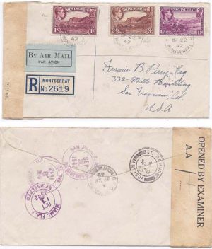 Montserrat 1942 Plymouth Env REG Censored Airmail > US Bearing 1/- 4
