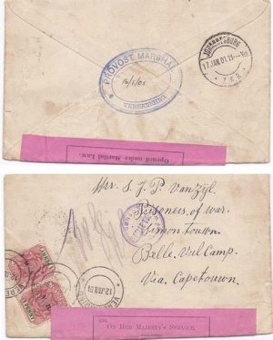 Boer War 1901 Vereeniging Env Dbl Rate Twice Censored > Belle Vue Boer Camp via Johannesburg & Cape Town Bearing 2d Franking; Displays Provost Marshal's Hand-stamp in Blue on Reverse & Belle Vue Censor Hand-stamp on Front; RARE & FINE